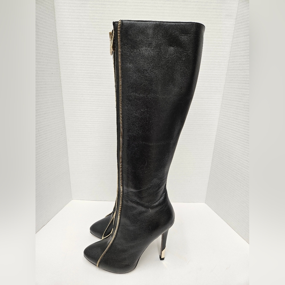 Versace Collection Black Heeled Boots with Gold Zipper